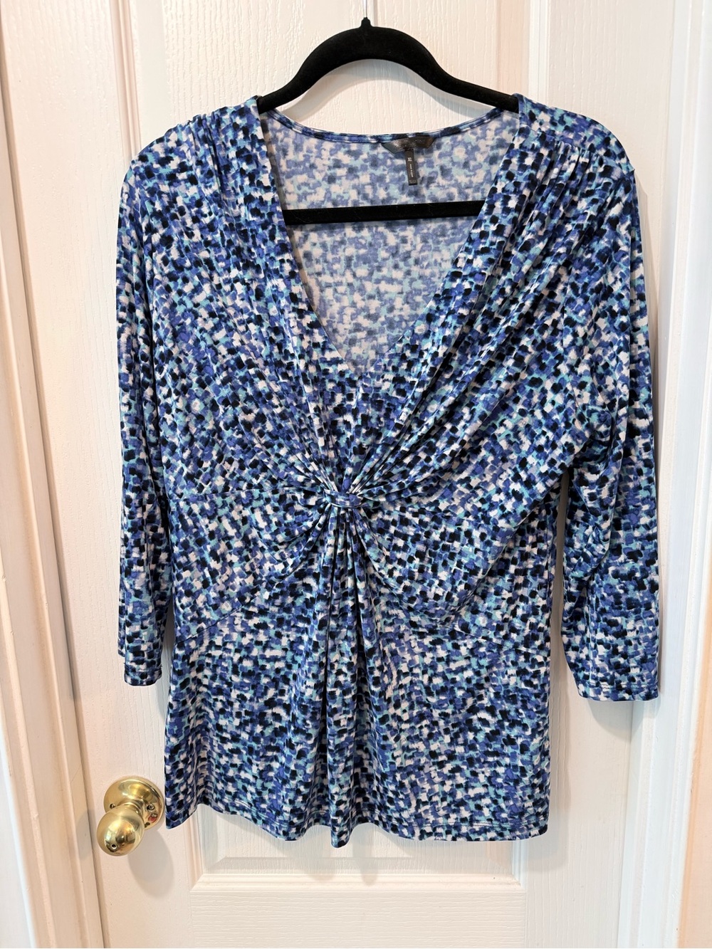 Blue Multi-Print V-neck Twist-Front 3/4 Sleeve Top